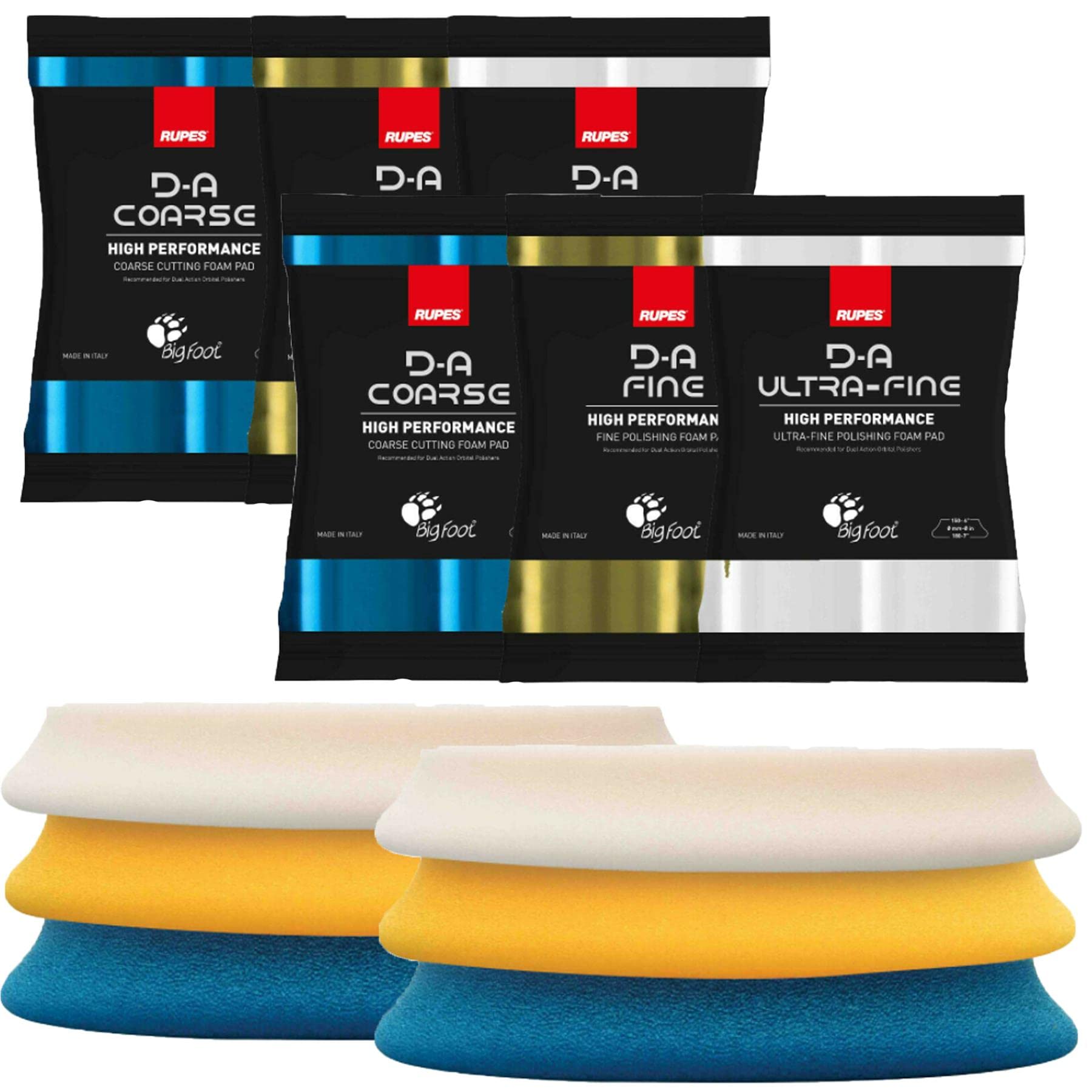 RUPES 6 x DA 130 x 150 mm Bigfoot Compound Foam Pad polerski 2 z każdej grubej cienkiej UltraFine 9.DA150 zestaw pianki