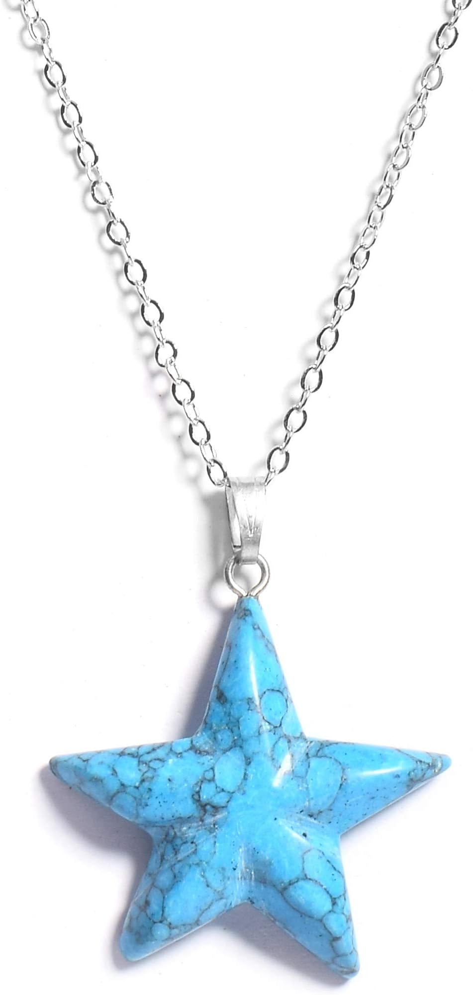 Certified Natural Turquoise Gemstone Star Silver Chain Pendant Necklace for Women, Blue