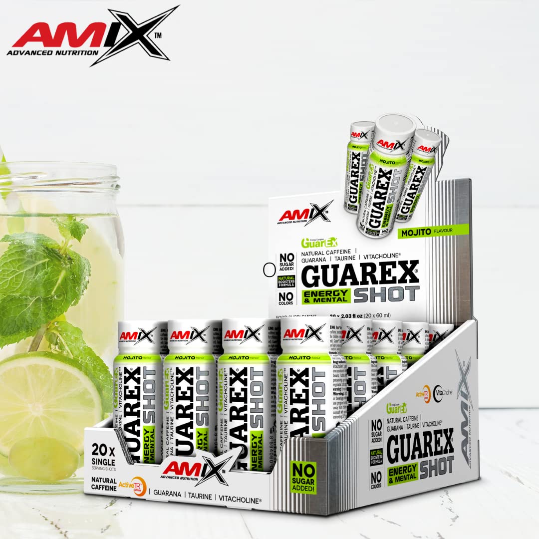 AMIX - Suplemento Deportivo - Guarex Energy & Mental Shot en Formato 20x60 ml - Con Taurina y Colina - Ayuda a Mantener la Energía Física y Mental - Sabor Mojito
