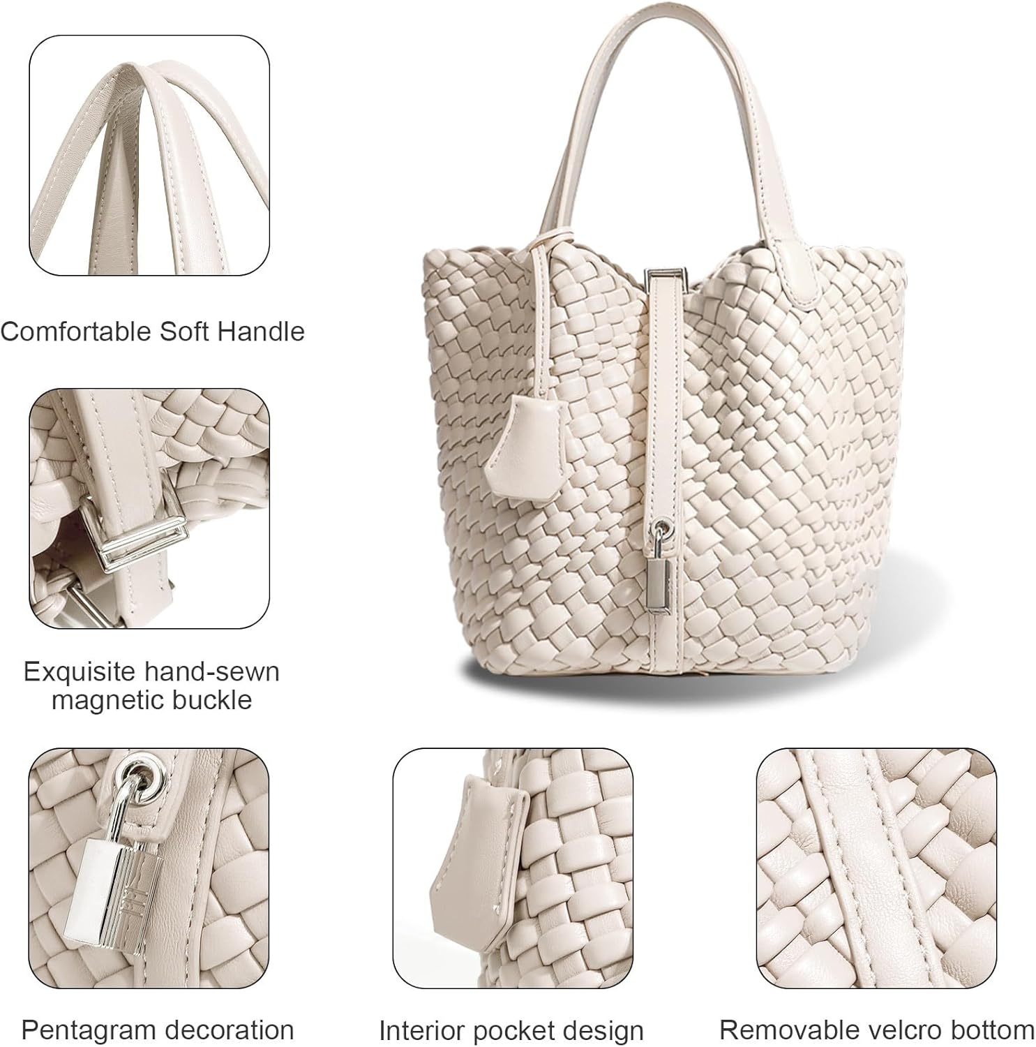 Lock Design Woven Bucket Purse for Women, Vegan Leather Tote Bags, Top Handle Handbag Shoulder Bag with Small Purses | Vegetable Basket