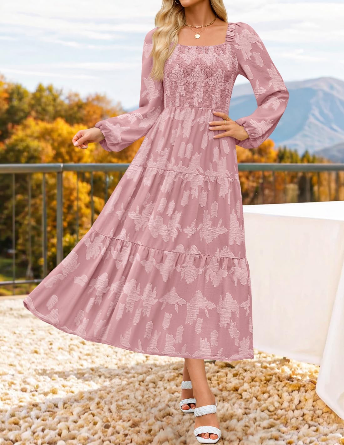 ZESICA Women's 2026 Spring Floral Midi Dress Long Sleeve Smocked Flowy Long Wedding Guest Vacation Dresses - Image 7