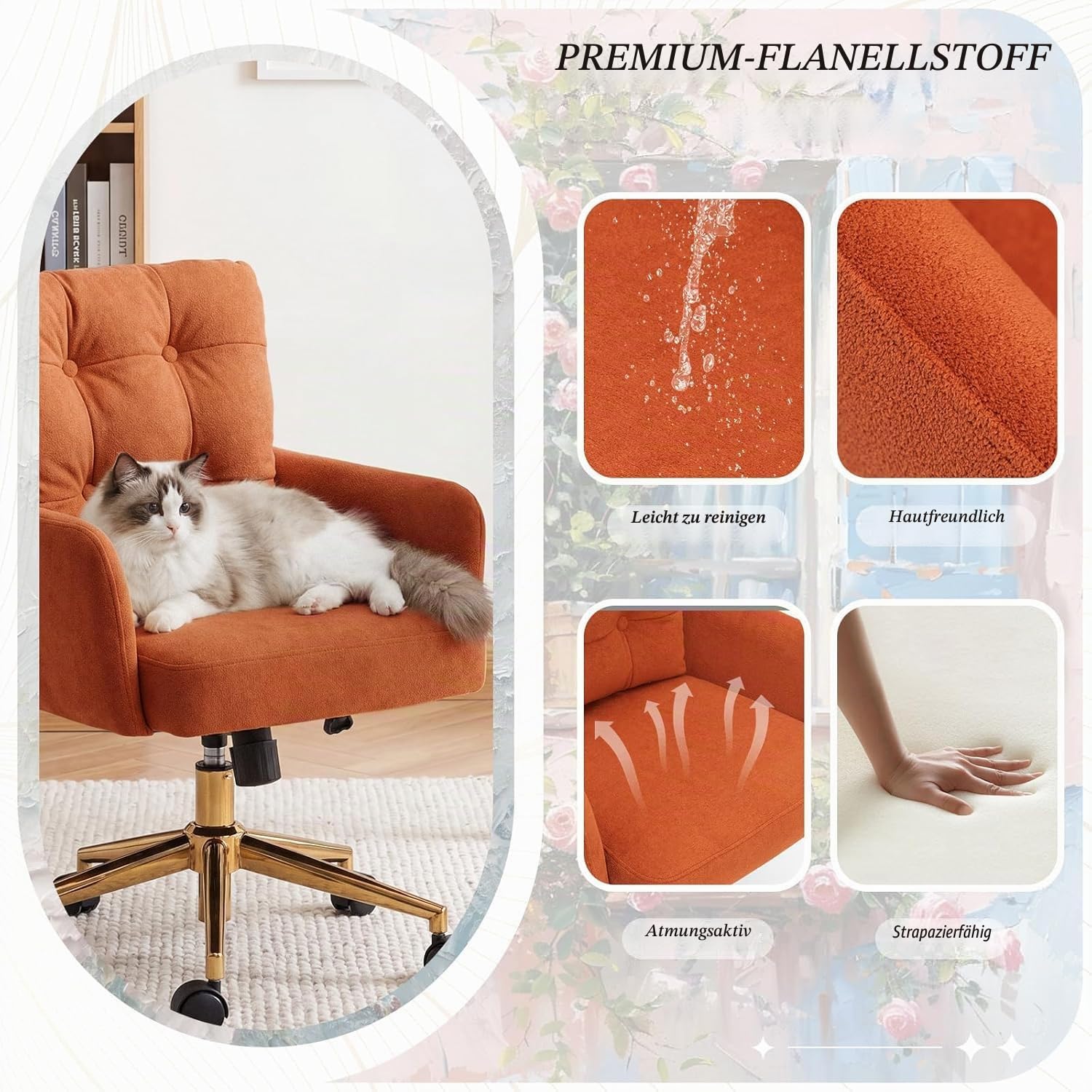 Schreibtischstuhl Polsterstuhl Samt, 360° Drehstuhl mit Rollen, Armlehnstuhl Höhenverstellbar mit Metallbeinen und Kissen, Bürostuhl (Orange)