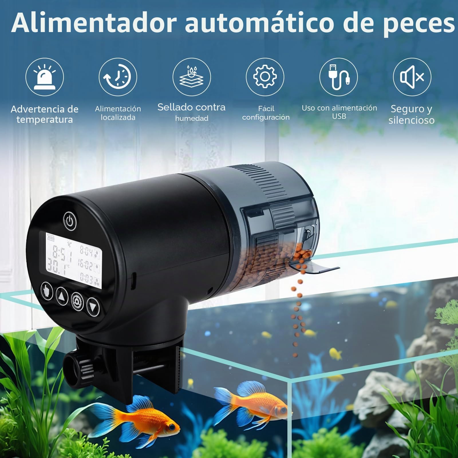 Alimentador Automático Lychee para Peces de Acuario - Temporizado y Recargable Con Pantalla LCD para Acuarios y Estanques