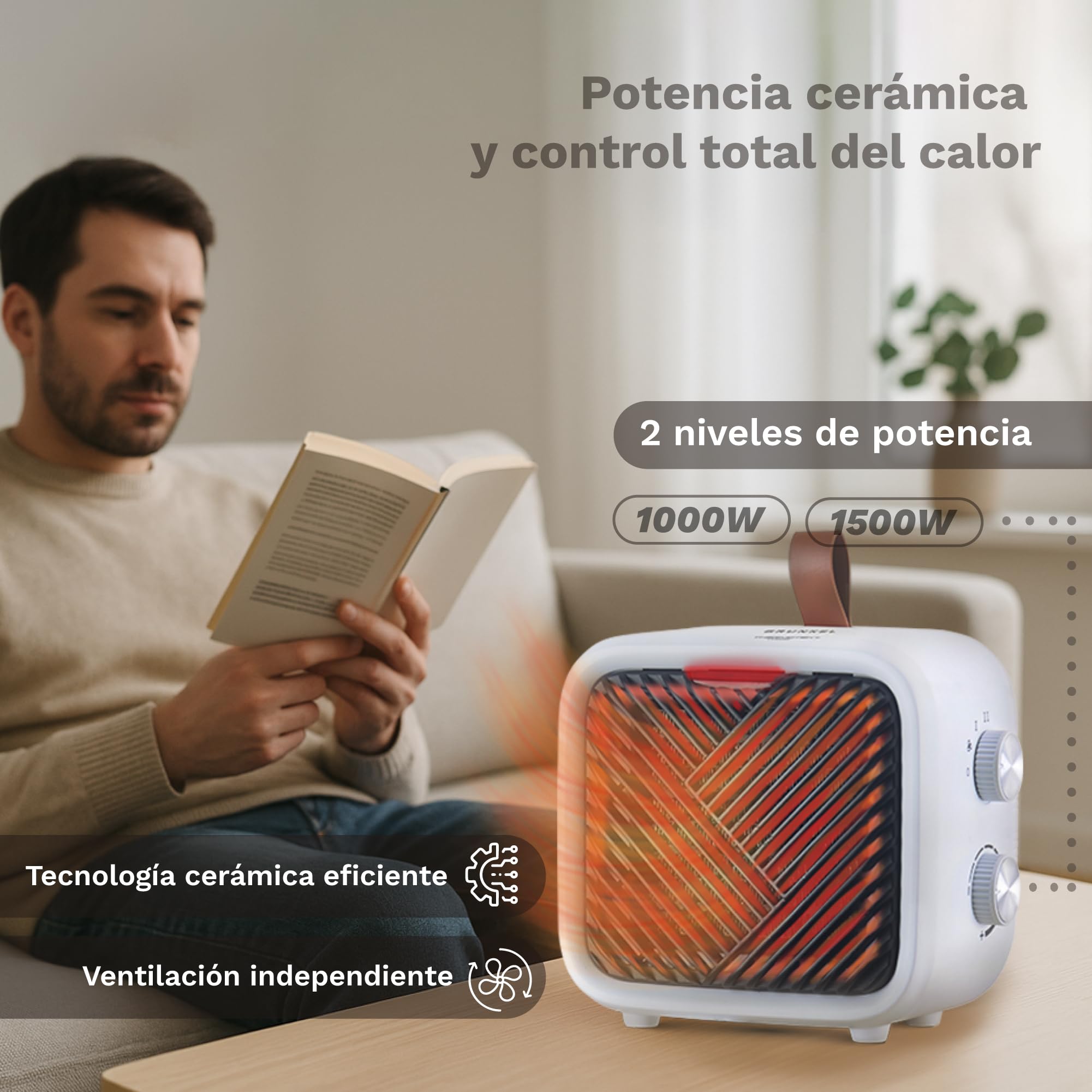 GRUNKEL Radiateur soufflant en céramique CF-1500 cm, 1500 W, 2 niveaux, thermostat réglable, protection anti-basculement et anti-surchauffe, panneau en céramique, ventilateur indépendant, portable
