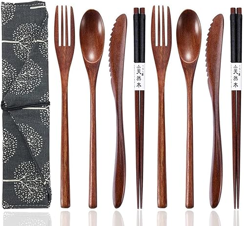 Busnos Utensilios de madera reutilizables para comer, 8 piezas de cucharas de madera de viaje, tenedores, palillos, juego de cubiertos con estuche,