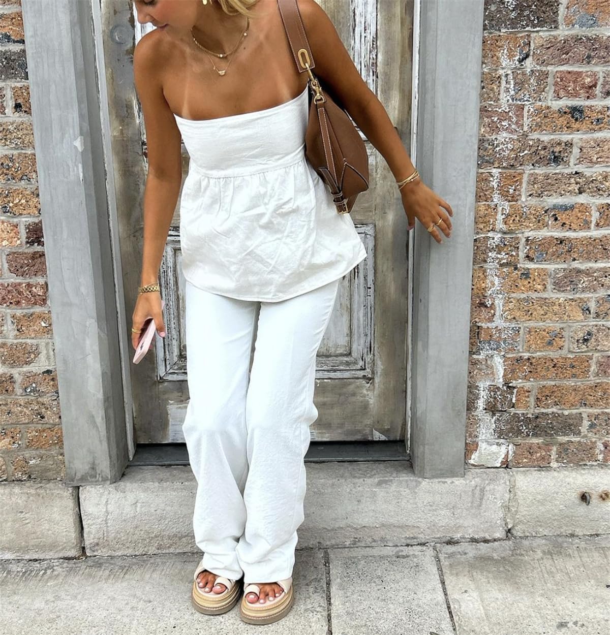 Women Y2K Strapless Backless Ruffle Flowy Tube Top Summer Sexy Off Shoulder Pleated Bandeau Going Out Peplum Top - Image 2