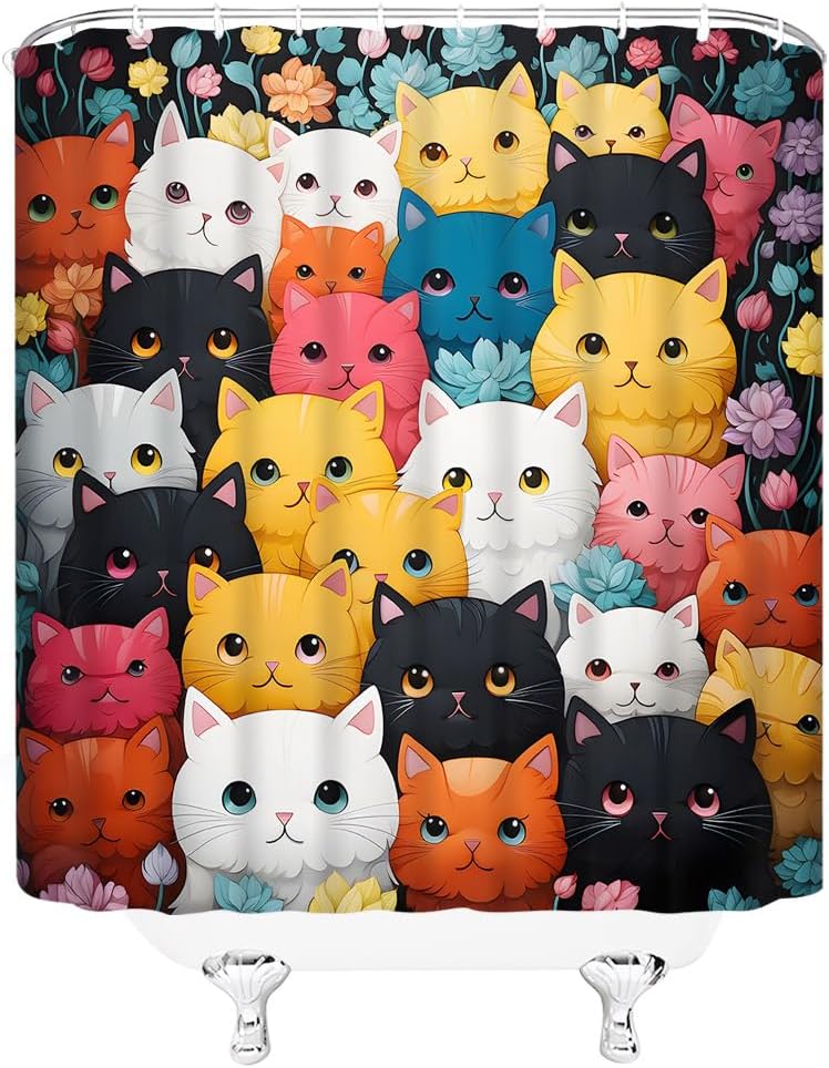 Funny Cat Shower Curtain Cute Colorful Cartoon Kitten Floral Lovely Animal Pattern Pets Lover Bathroom Decor Fabric Curtains with Hook 80Wx70H Inches