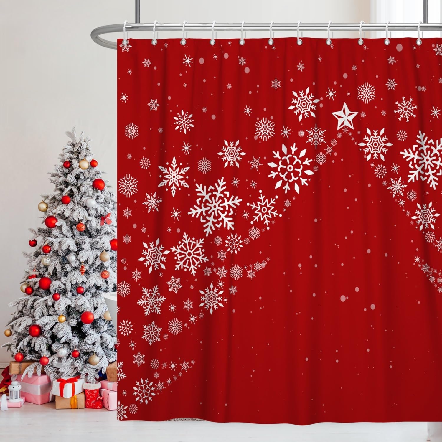 Christmas Shower Curtain for Bathroom 72x72inches Red X-mas Shower Curtain Set with Hooks Snowflakes Christmas Trees New Year Decor Waterproof Fabric Shower Curtain