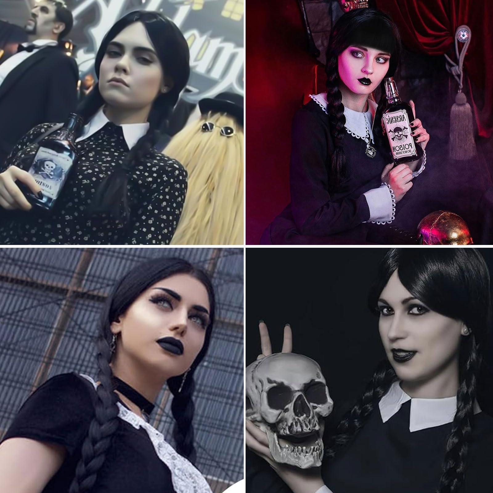 Parrucca Donna Addams, Halloween Parrucca Nera Lunga Intrecciate per Costumi Cosplay