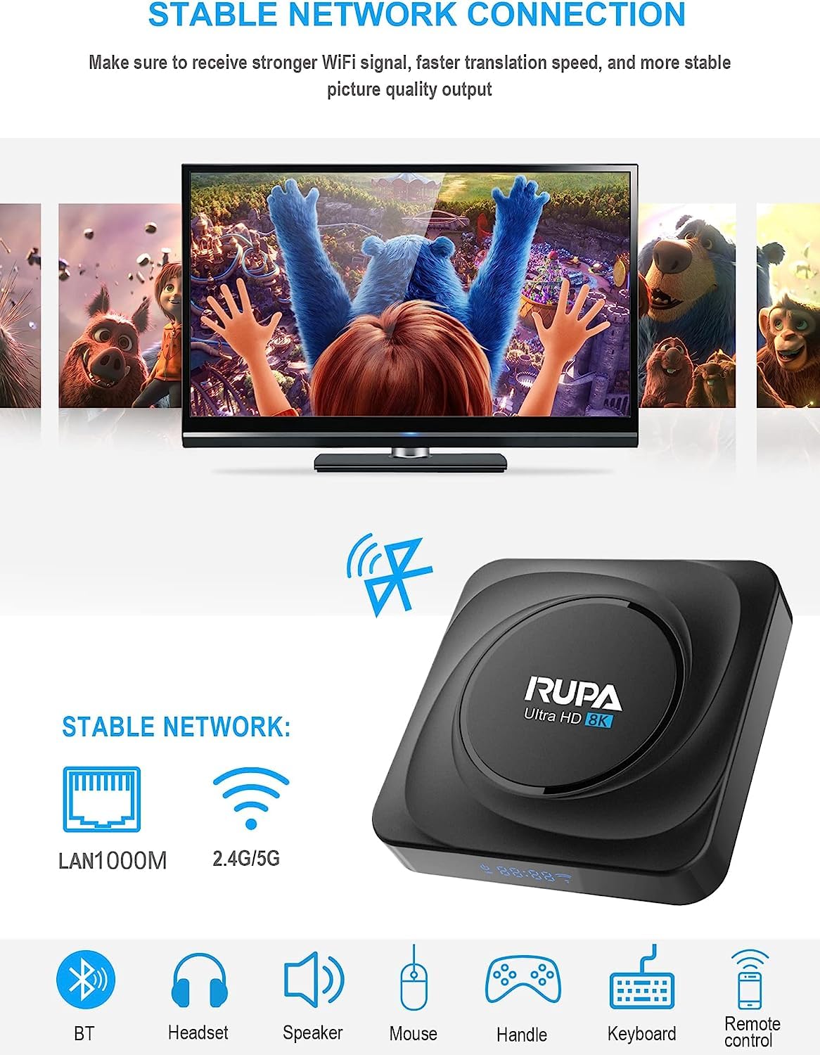 RUPA Android TV Box 11.0, 2025 Nuevo Android Box 4GB RAM 32GB ROM RK3566 USB 3.0 2.0 3D HD 4K 6K 8K HDR WiFi 2.4/5.8GHz LAN 1000M BT 5.0 Cast Screen Smart TV Box