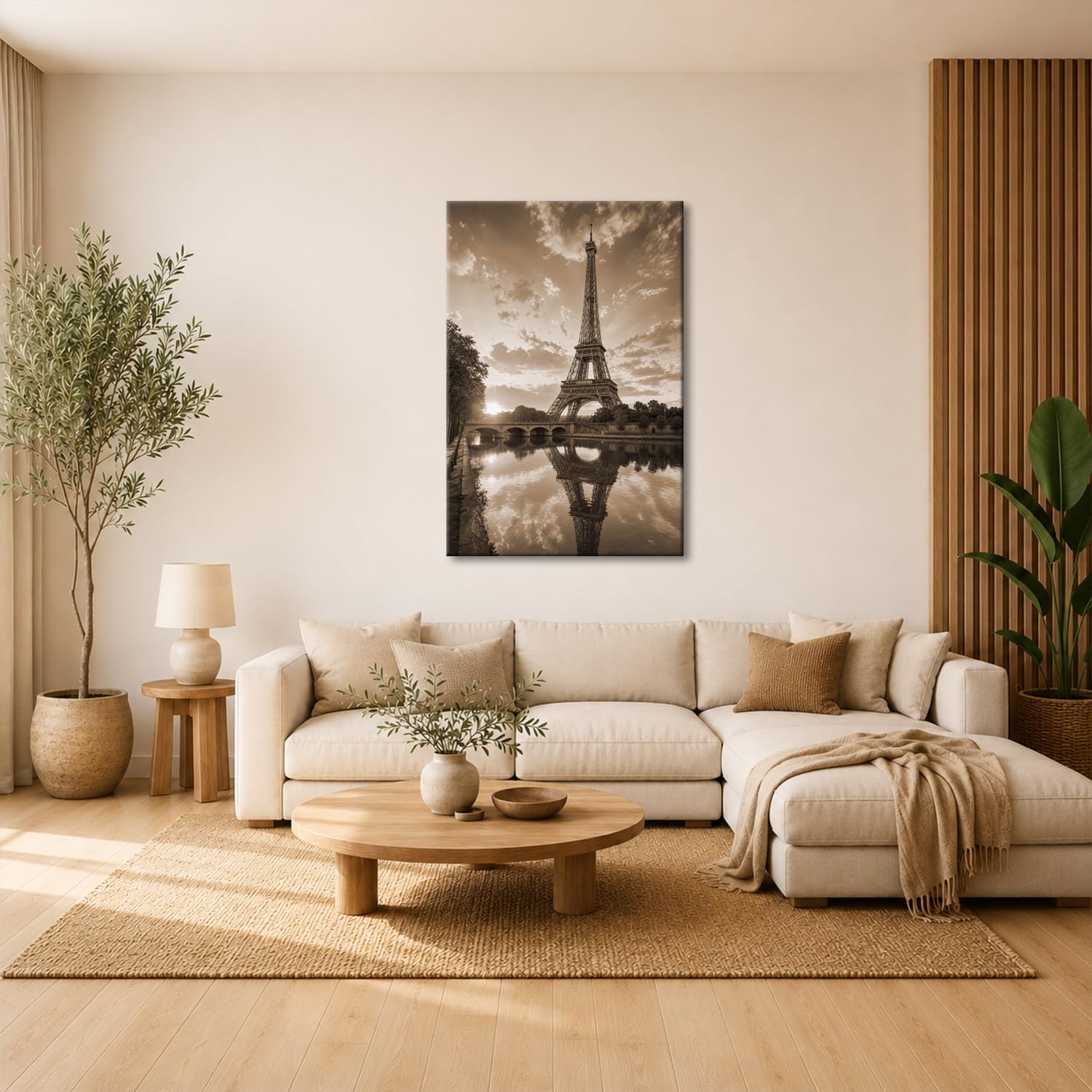 deyoli Obraz na płótnie Wieża Eiffla nad Sekwaną w świetle słonecznym 90x60cm Sepia
