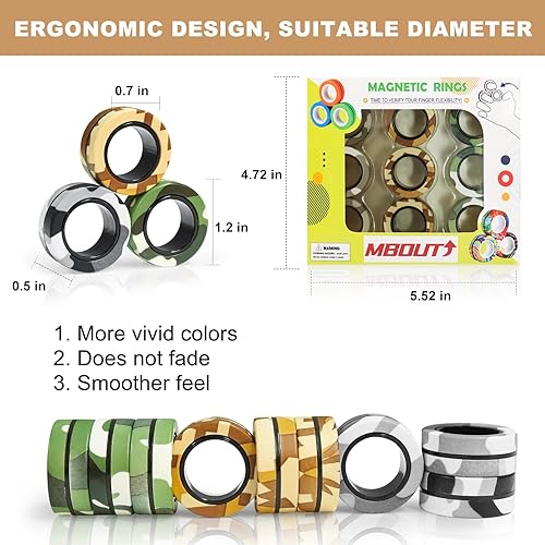 Miniatura 2 de Paquete de 9 anillos magnéticos para ansiedad, dedos magnéticos para aliviar el estrés, entrenamiento mágico de camuflaje colorido alivia la