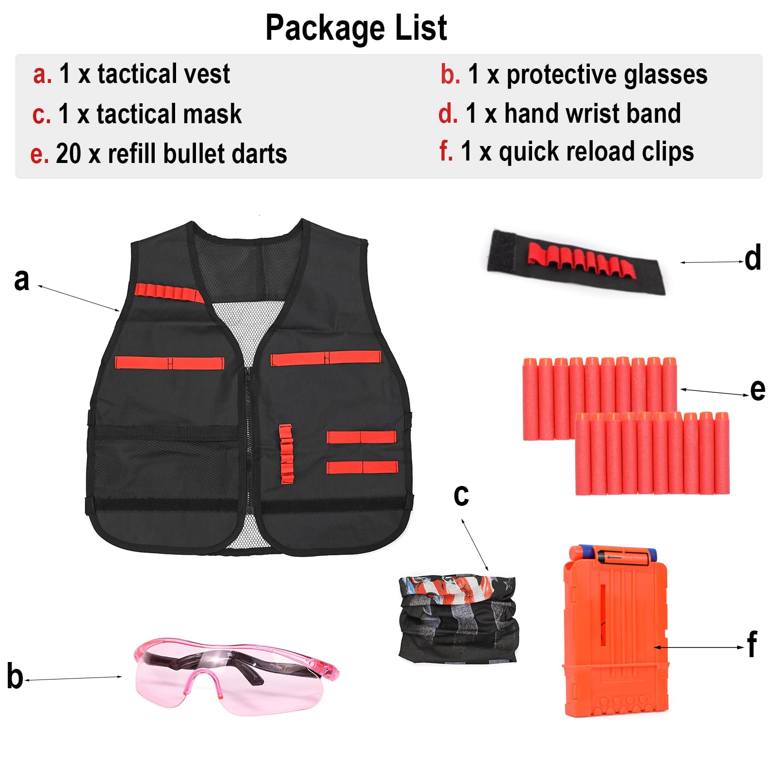 LUUFAN Kit gilet tattico con cerniera per pistole Nerf con freccette di ricarica, cinturino da polso, clip di ricarica, maschera tattica e occhiali protettivi per ragazze, festa di compleanno, regalo