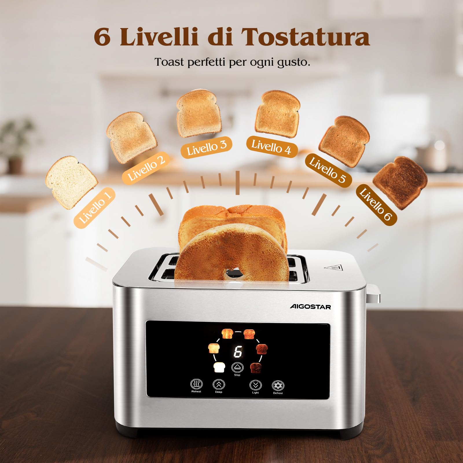 Aigostar Tostapane 2 Fette, LED Touchscreen, Fessure Extra Larghe da 4cm e Centratura Automatica, Tostapane con 6 Livelli di Tostatura, Funzioni di Riscaldamento/Scongelamento/Stop, 850W, Acciaio Inox