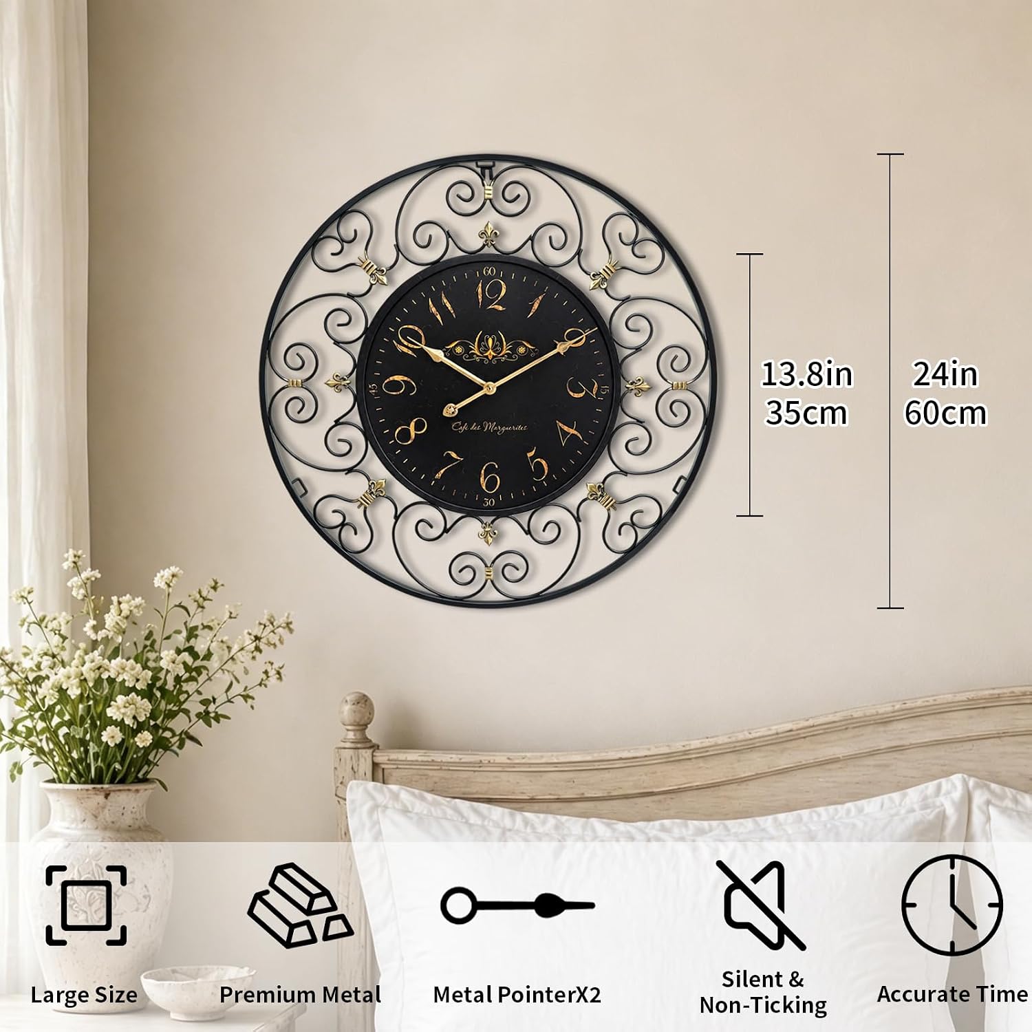 24 Inch Vintage Iron Metal Wall Clock, French Elegant Retro Decor, Large Farmhouse Wall Clock, Silent Battery Operated Wall Clocks for Living Room Kitchen Bedroom