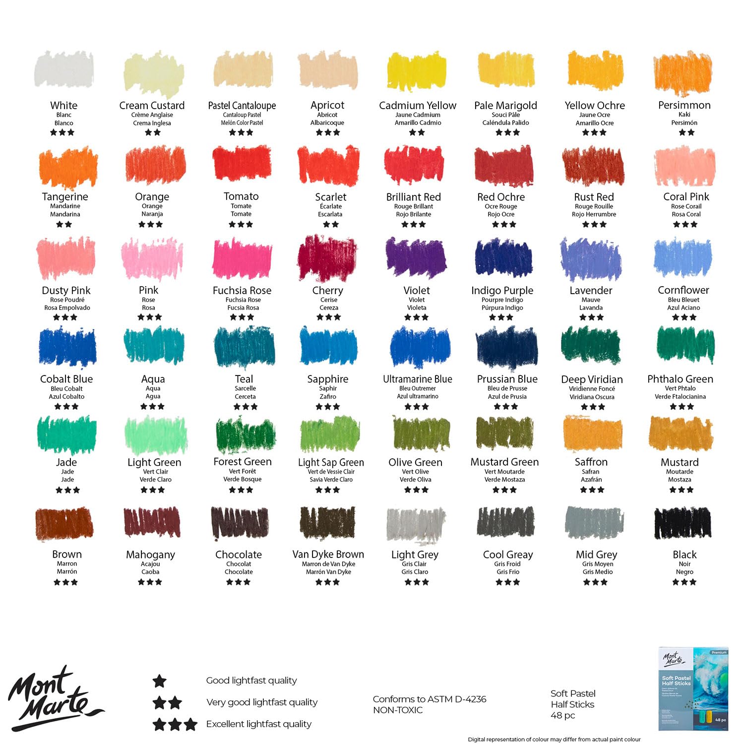Mont Marte Weiche Pastellkreide, 48 Stück, Set mit 48 verschiedenfarbigen Pastellstäbchen, lebendig und mischbar, ideal für Kunst, Handwerk, Zeichnen, Skizzieren