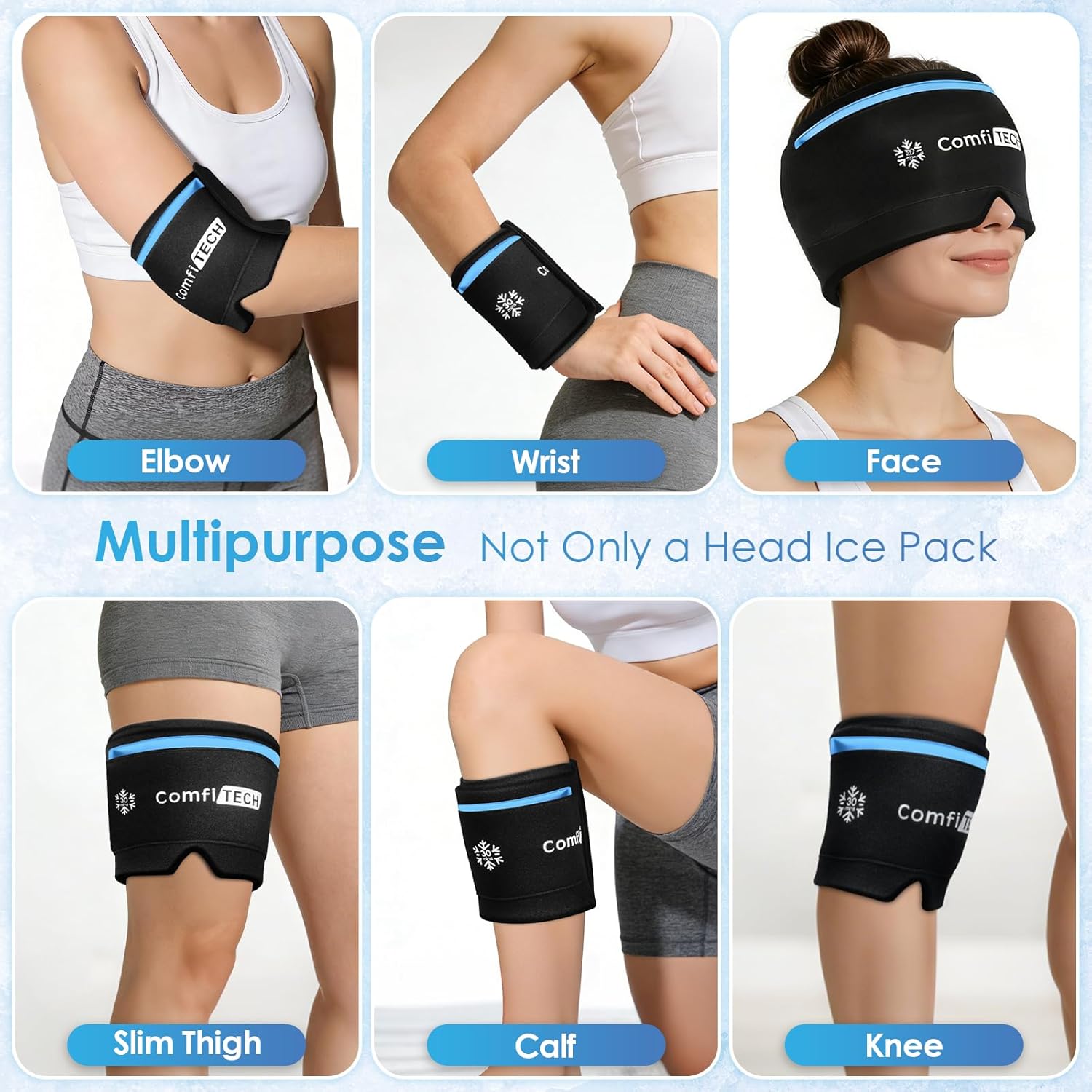 ComfiTECH Dual-Gel Migraine Relief Cap Extended 30-Min Cooling, Detachable Cold Pack & Flexible Gel Head Ice Wrap Face Mask Soothing for Headache, Sinus, Puffy Eyes, Tension and Stress