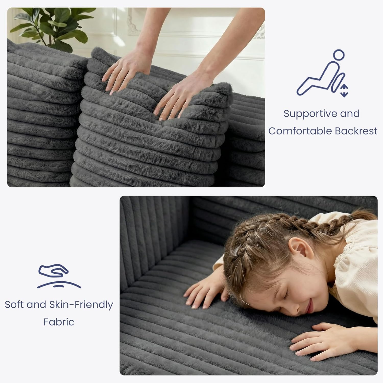 3-in-1 Convertible Sofa Bed: Boneless Loveseat Sleeper & Folding Couch Bed with 4 Pillows & Detachable Cushion, Furry Futon Couch for Bedroom, Apartment, Office and Living Room, No Assembly, Grey