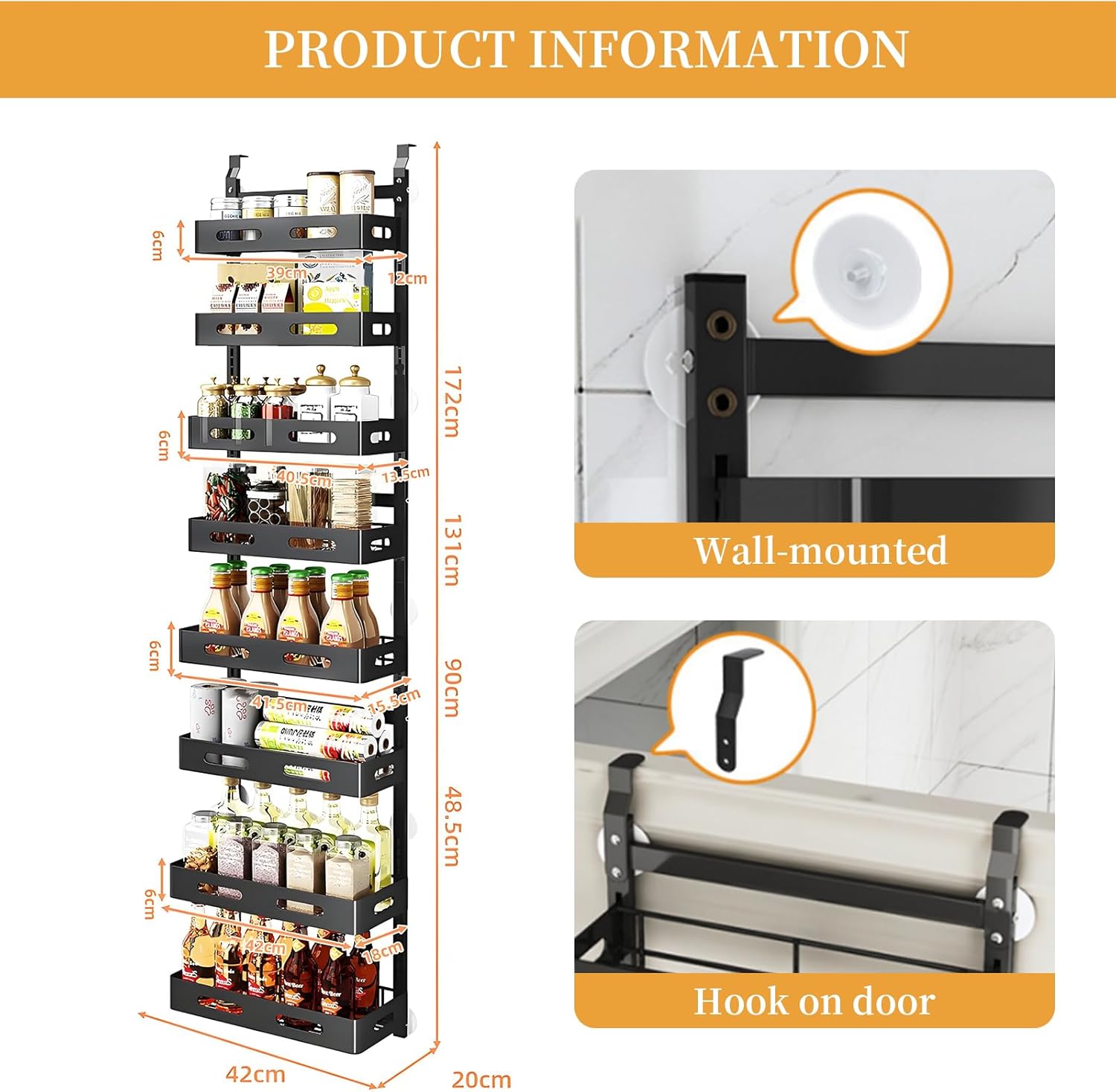 6-story door mounted cutlery storage rack, large metal door seasoning rack with adjustable basket, 2-in-1 wall mounted kitchen cutlery door storage rack, black