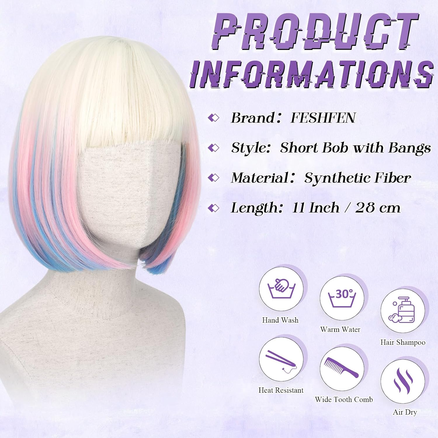 FESHFEN Rainbow Short Bob Wigs with Flat Bangs, Colorful Straight Hair Synthetic Colorful Cosplay Daily Costume Party Fashion Modern Neon Wig for Women 11 inch