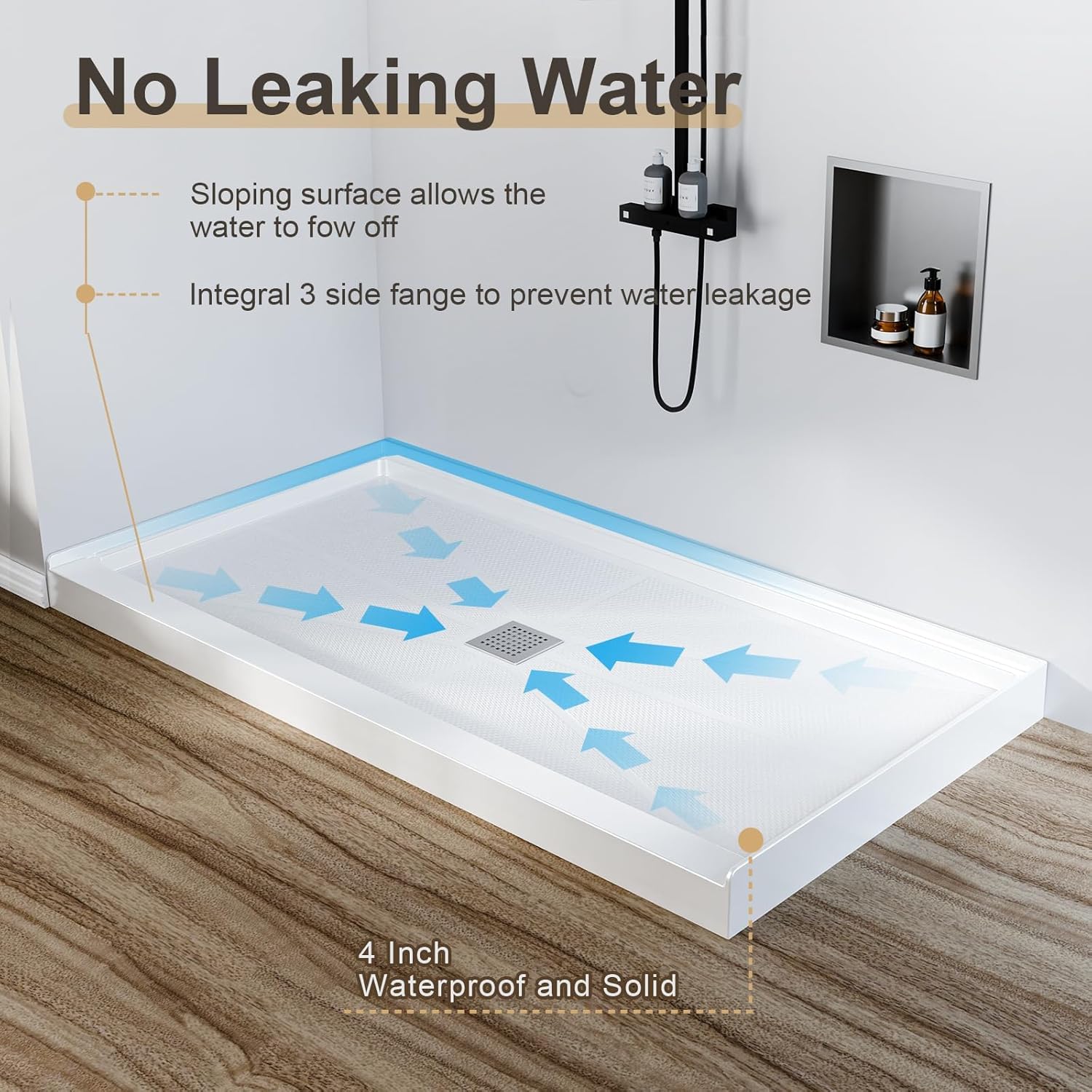 GarveeTech 60x32 Inch SMC Shower Pan Base, Single Threshold Non-Slip Shower Tray Kit with Center Drain, 304 Stainless Steel Square Drain Cover for Bathroom Floor, White
