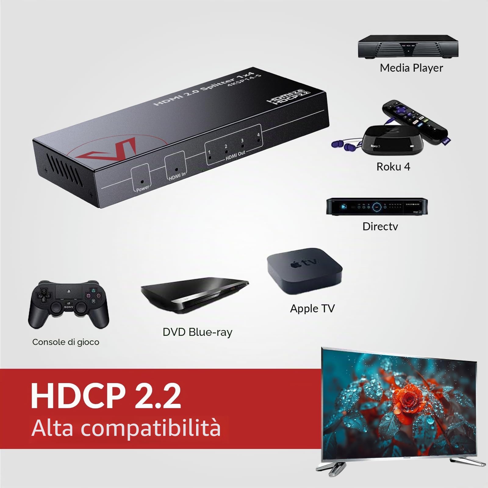 Splitter HDMI 2.0 1 ingresso 4 uscite UHD 4K@60Hz 1080p@120Hz con downscaling automatico, latenza zero 18 Gbps, splitter HDMI 1×2 4K con HDR10 e 3D, audio HD Lossless, HDCP 2.2, EDID automatica