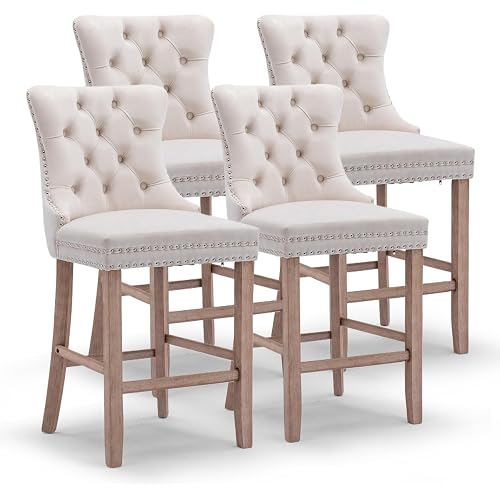 Bar Stools Set of 4, 25-inch Seat Height Velvet Upholstered Bar Stool for Kitchen Island, Counter Stools with Nailhead Trim, Beige