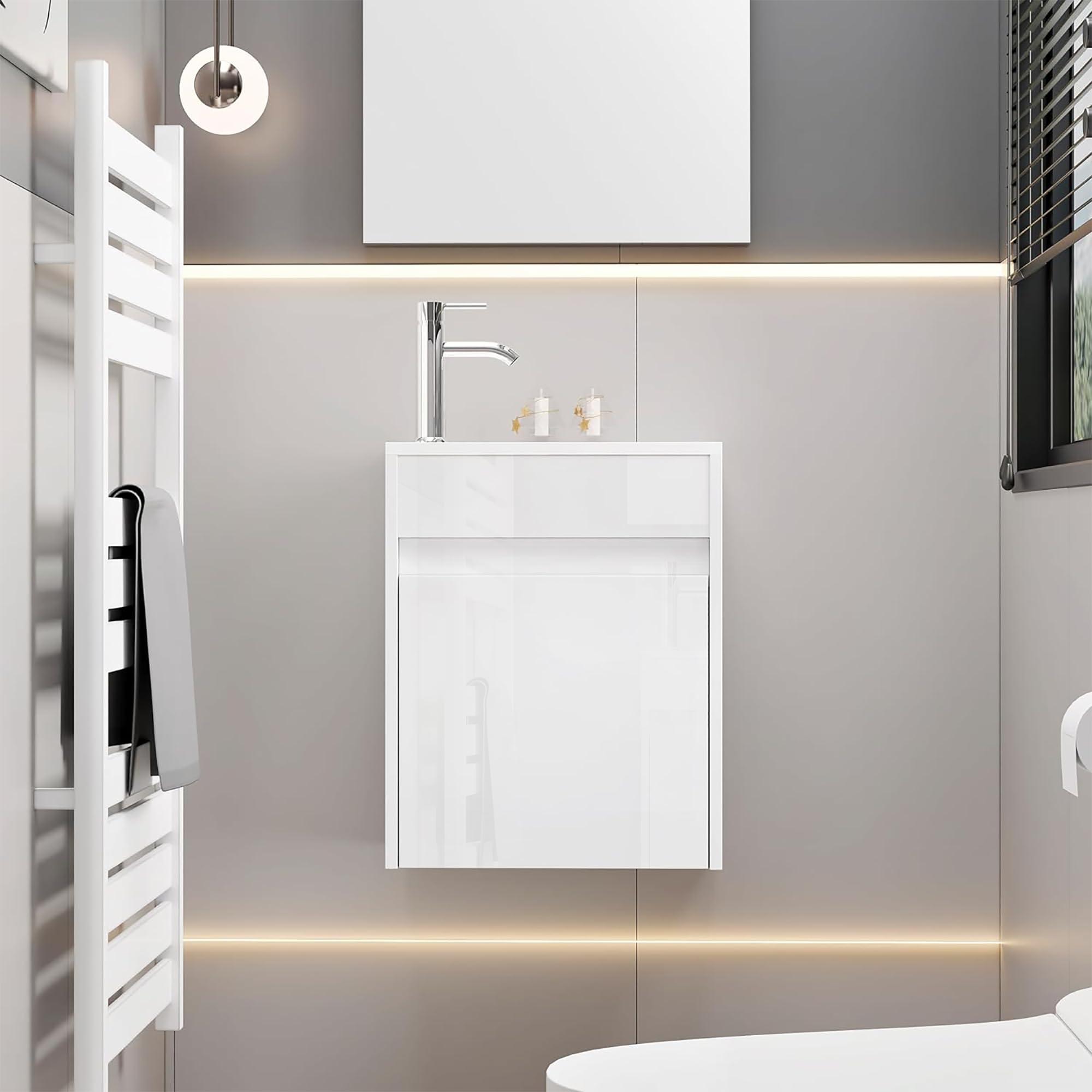UEV Mobile Bagno con Lavabo in Resina, 41CM Mobili Bagno Salvaspazio Sospeso, Rubinetto Cromato a Risparmio Idrico e Scarico Pop Up, Piccolo, Bianca