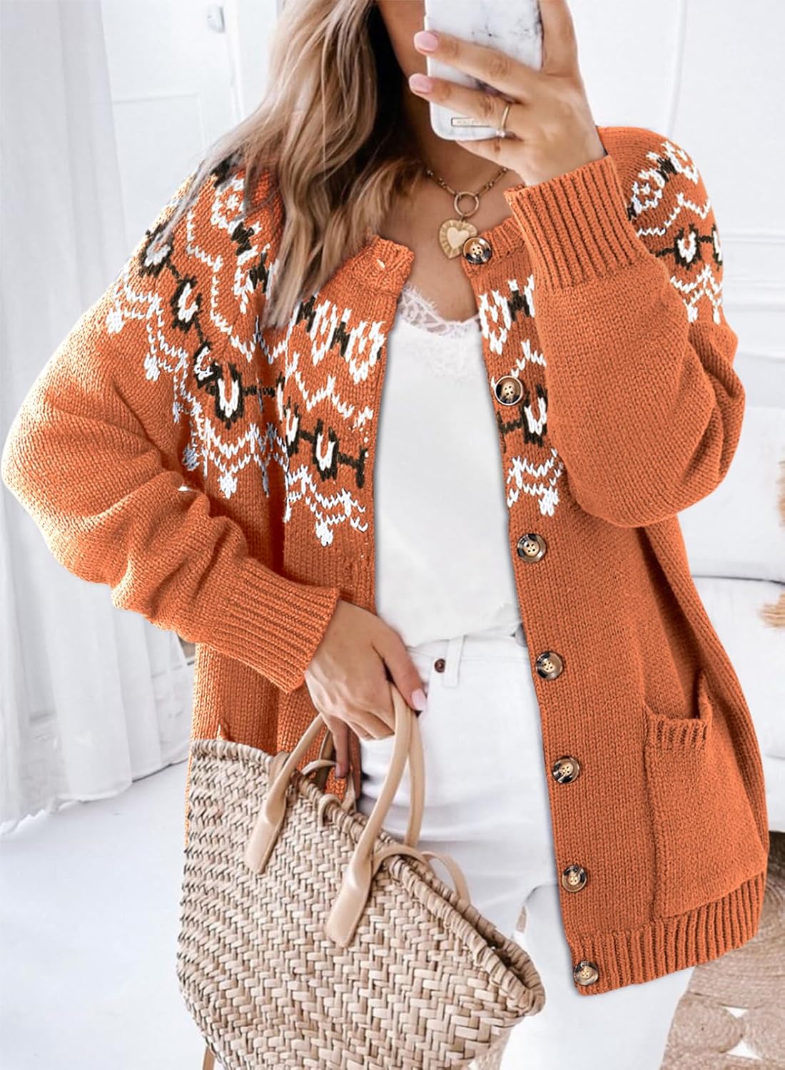 Dokotoo Womens Cardigans Casual Long Sleeve Chunky Knit Fall Winter Button Down Fair Isle Cardigan Sweaters - Image 2