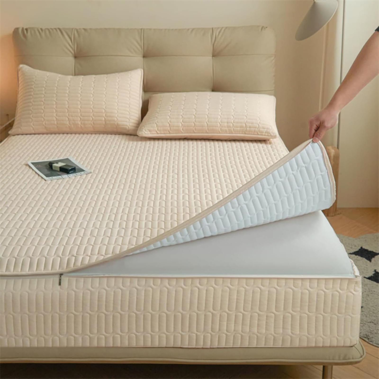 Gesteppter, waschbarer Matratzenbezug mit Reißverschluss, anpassbare Größe, feuchtigkeitsbeständig und waschbar, atmungsaktiver und weicher Matratzenschoner-Beige- 80x180+15cm