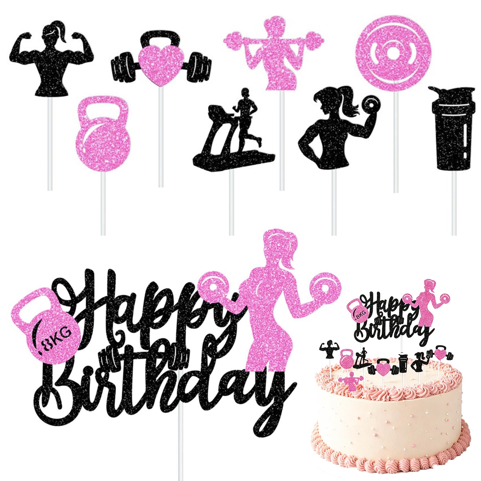 17Pcs Fitness Happy Birthday Cake Topper Set, Glitter Cake Decorations