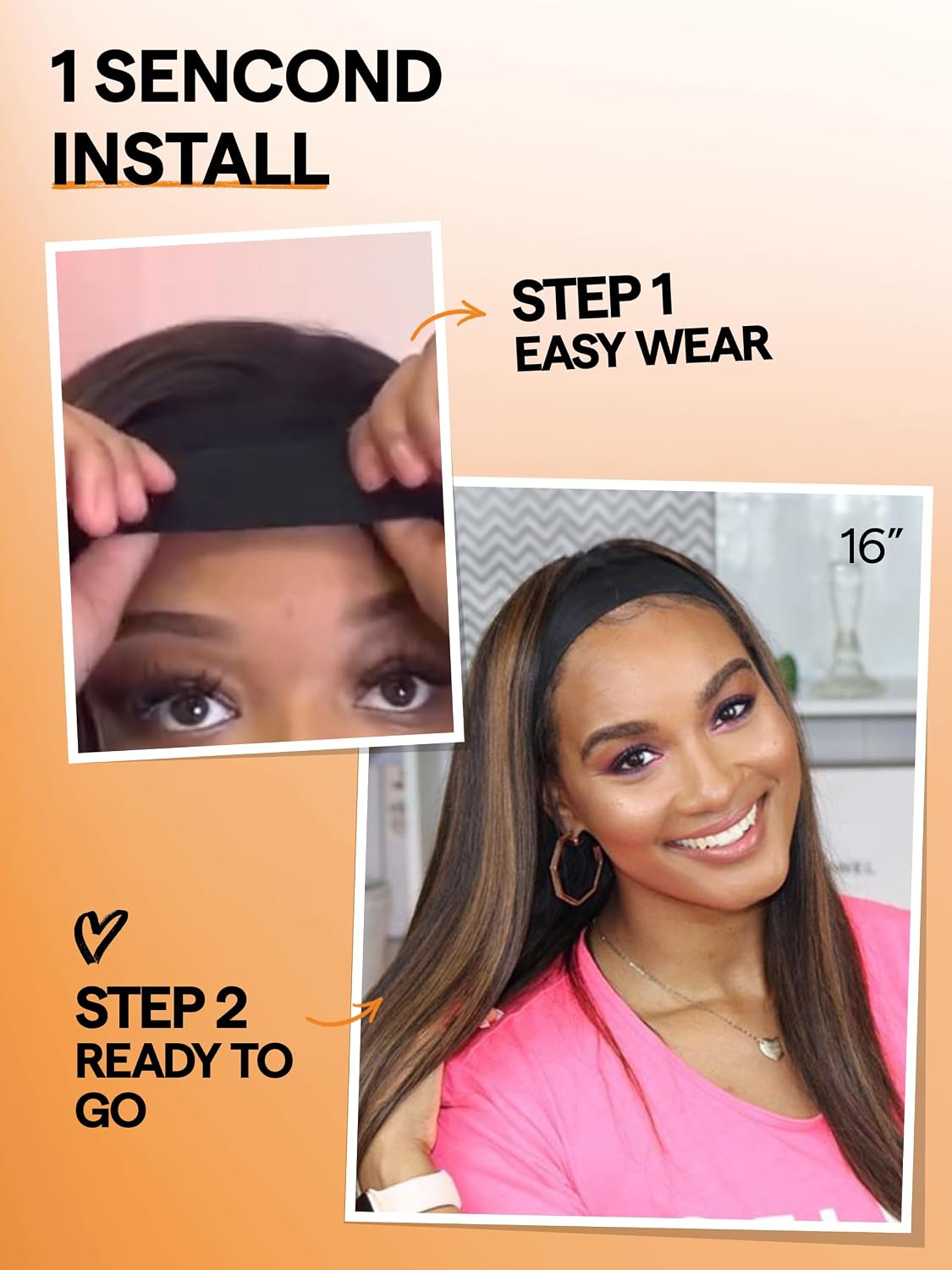 GORGIUS Highlight Headband Wig Straight Hair with Head Band Ready to Go Glueless Synthetic Headband Wig Brown Mix Blonde 16 Inch Long Straight Wig (Color 27/30)