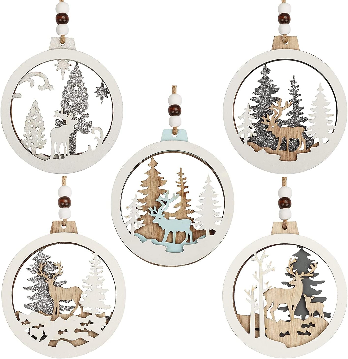 About Space Christmas Tree Decoration - Wooden Carved Laser Cut Reindeer Hanging Tree Ornaments with String - Reindeer Hanging Pendant Xmas Party for Decor (Set of 5,10x10cm)