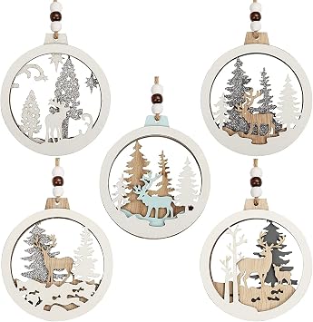 About Space Christmas Tree Decoration - Wooden Carved Laser Cut Reindeer Hanging Tree Ornaments with String - Reindeer Hanging Pendant Xmas Party for Decor Set of 5,10x10cm