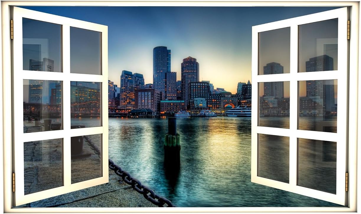 24" Window Scape Instant View Boston Sunset 1 Wall Decal Graphic Sticker Mural Home Kids Game Room Office Art Decor