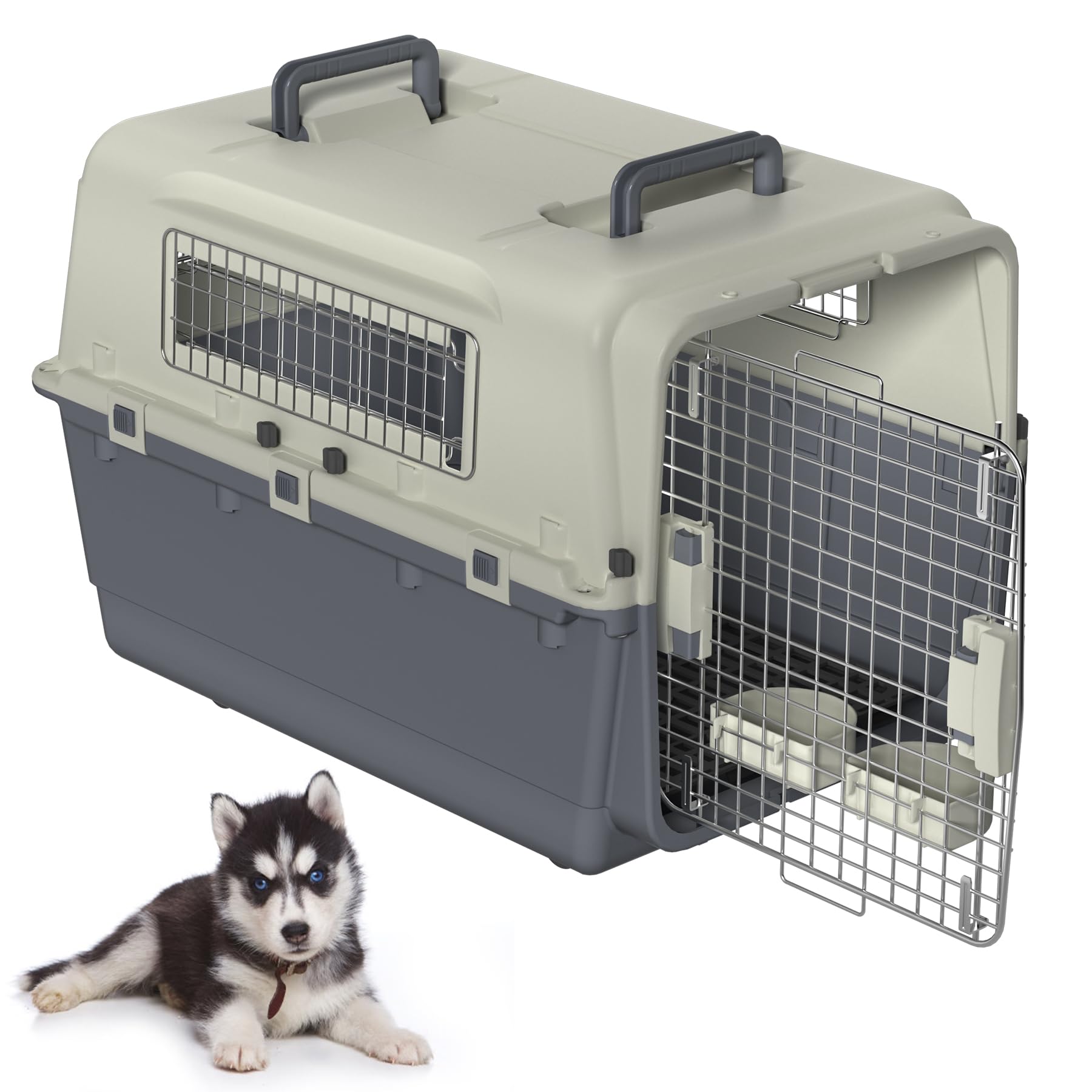 Froadp Trasportino per animali domestici, cani, gatti, in plastica PP, 80 x 57 x 70 cm, trasportino per gatti con ruote e distanziatori per urine e ciotole da appendere