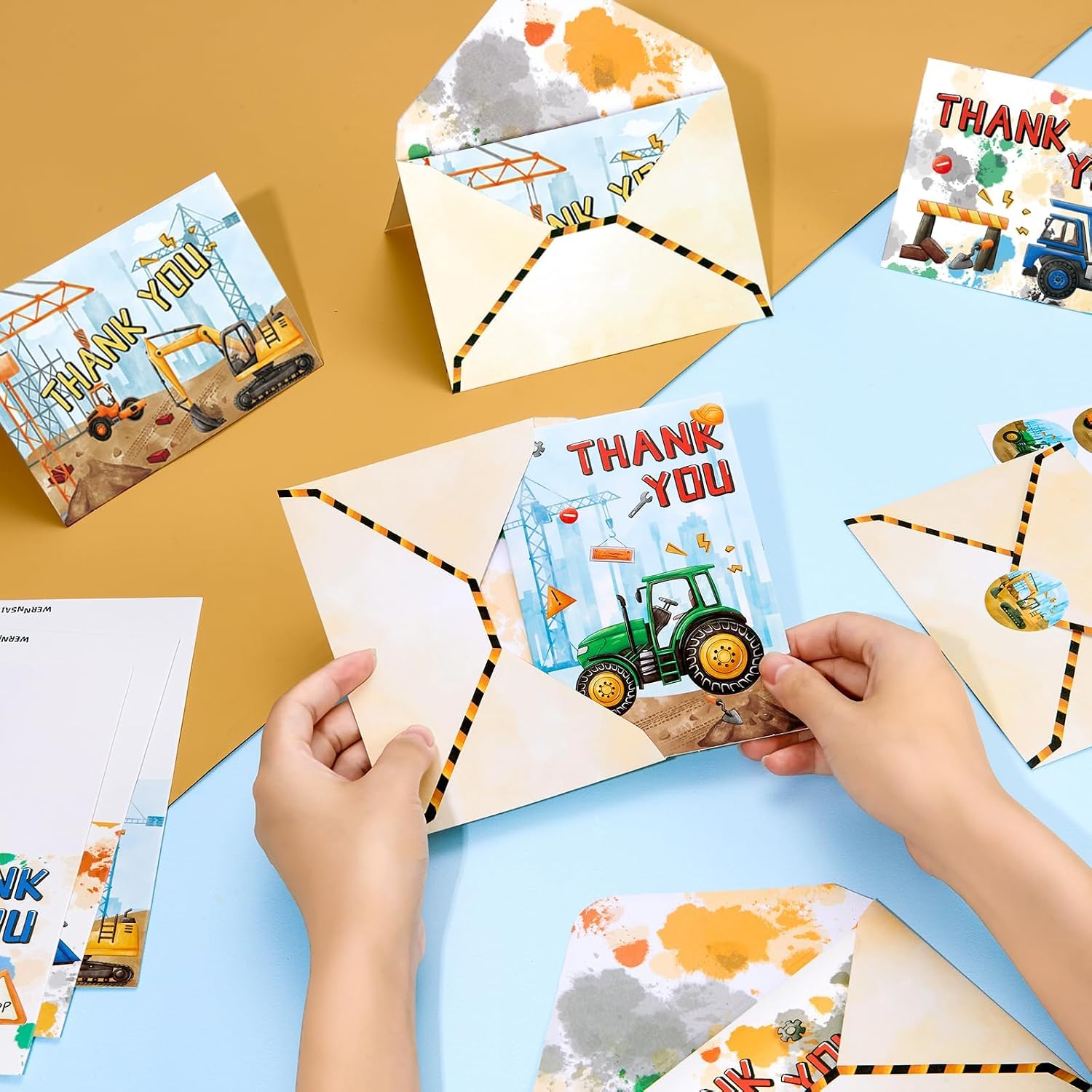 WERNNSAI 24 PCS Construction Thank You Cards - Construction Party Decorations Dump Truck Greeting Cards with Envelopes Stickers Fill in Blank Notes for Boys Kids Birthday Baby Shower 4'' X 6''