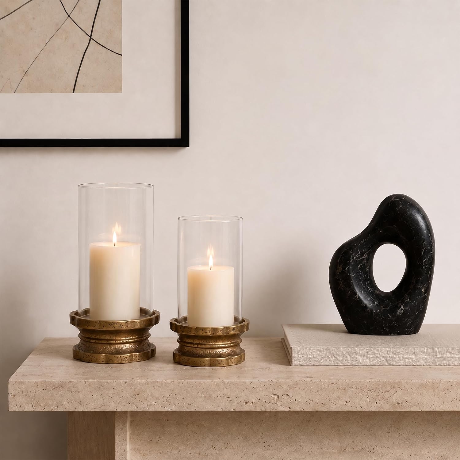 Set of 2 Gold Cast Iron Hurricane Candle Holders Flower Base