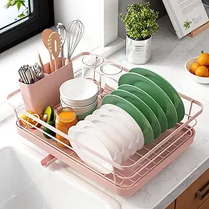 Kitsure Dish Drying Rack for Kitchen Counter, Stainless Steel Sink Organization and Storage Essentials with Cutlery Holder, Home and Appartment Decor, 12''W x 15.5''L, Pink