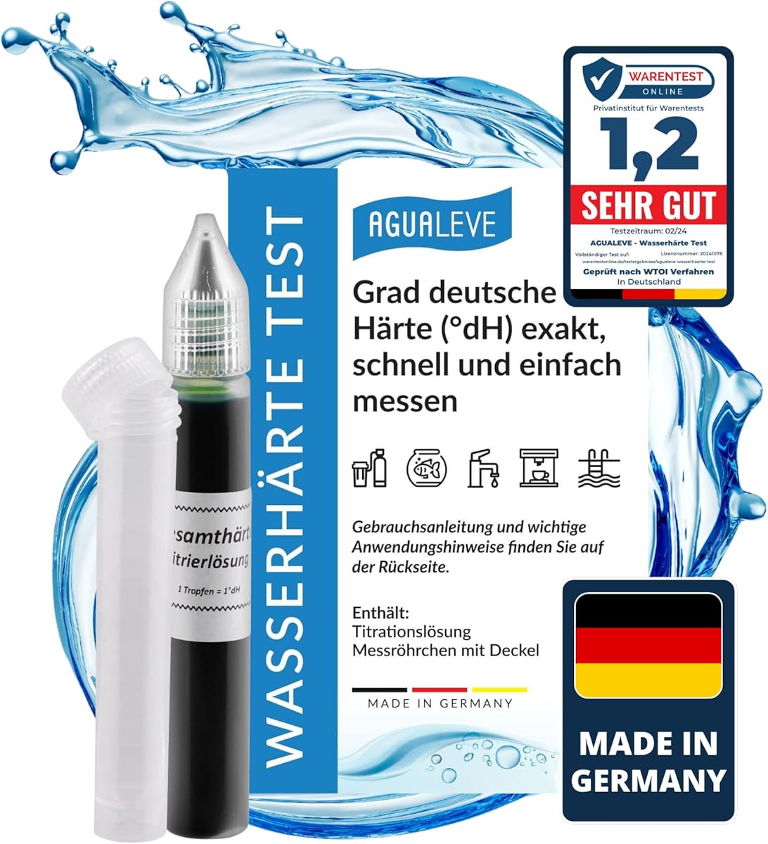 AGUALEVE Wasserhärte Test - Die Nr. 1 - Deutsche Grad Härte (°dH) schnell und einfach messen - misst exakt bis 24 °dH - Made in Germany - 25 – 200 Messungen, je nach Härte - 1x 15ml
