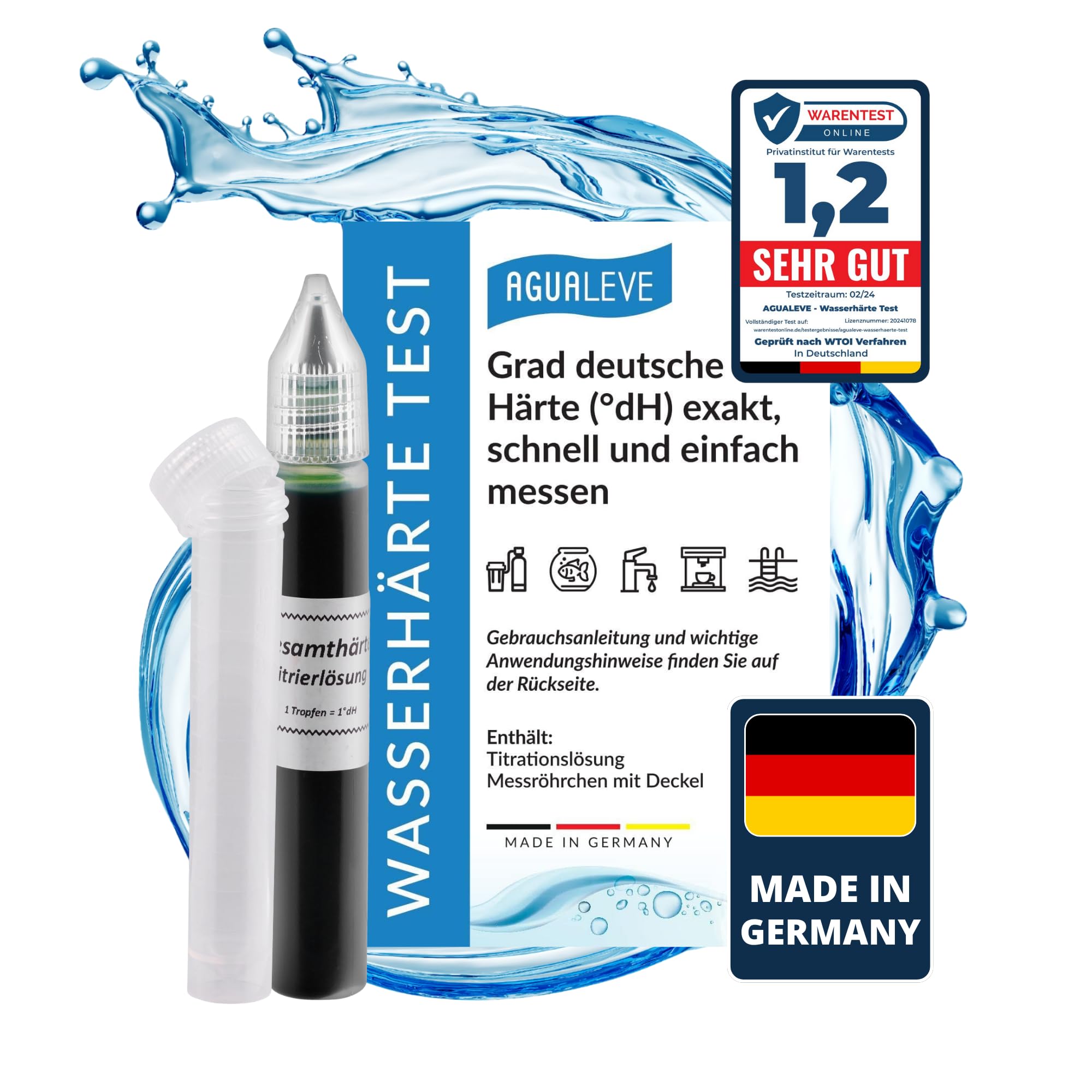 AGUALEVE Wasserhärte Test - Die Nr. 1 - Deutsche Grad Härte (°dH) schnell und einfach messen - misst exakt bis 24 °dH - Made in Germany - 25 – 200 Messungen, je nach Härte - 1x 15ml