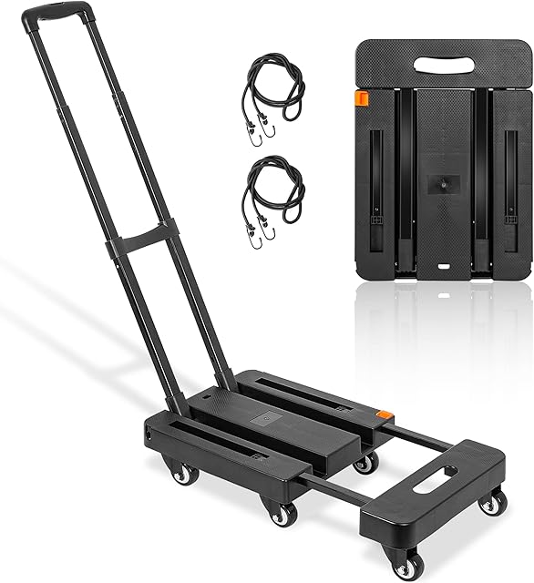 BQKOZFIN 6 Wheels Folding Hand Truck with 2 Elastic Ropes, 220KGS Capacity Heavy Duty Portable Luggage Cart, Utility Hand Truck Platform Cart for Car House Office Luggage Moving (Black)