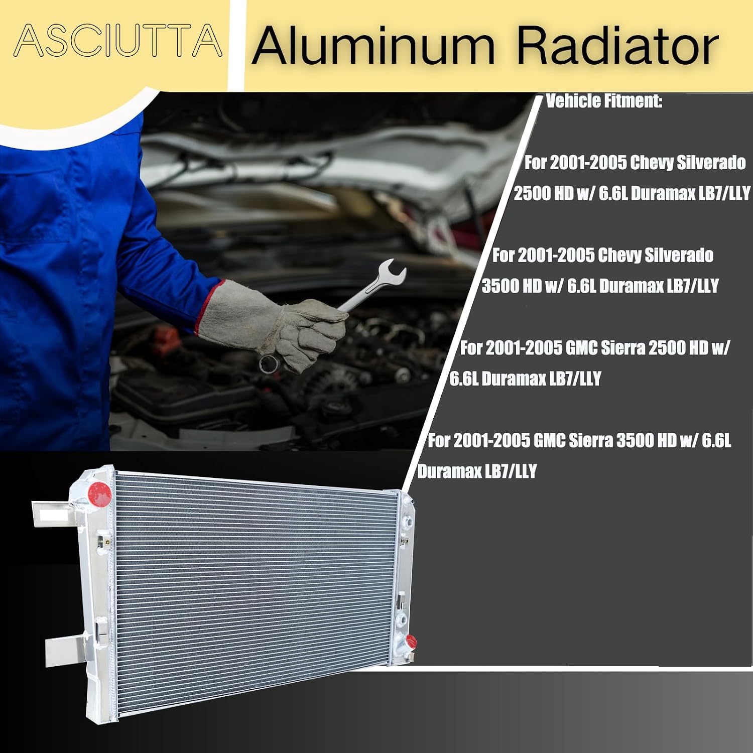 3 Row Aluminum Radiator For 2001-2005 Chevy Silverado GMC Sierra 2500/3500 HD Duramax 6.6L 2002 2003 2004