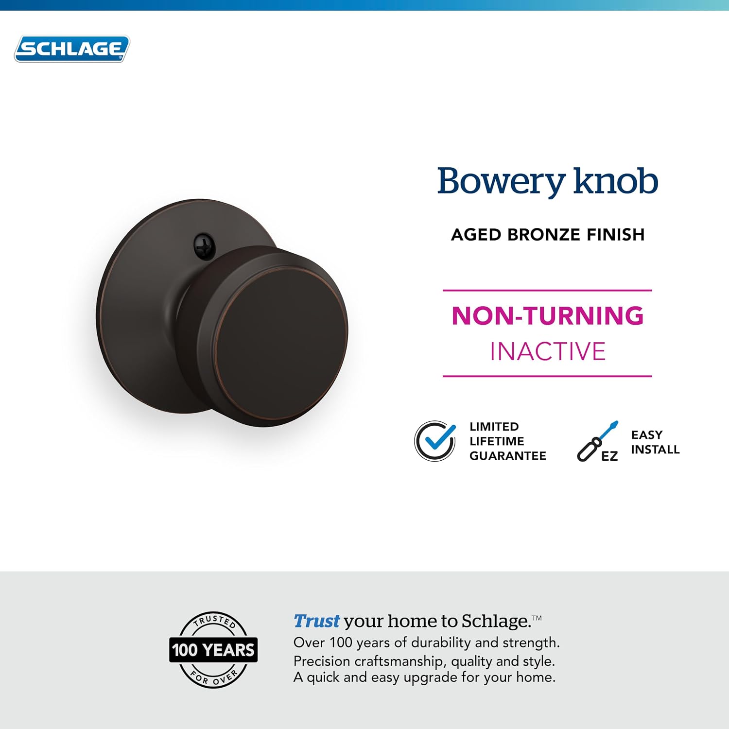 SCHLAGE Knob Non-Turning Lock, Antique Brass (F170 ORB 609) image 4