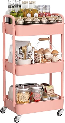 Miniatura 7 de Sywhitta Carrito utilitario de plástico de 3 niveles con asa, carrito de almacenamiento multifuncional para oficina, sala de estar, cocina,