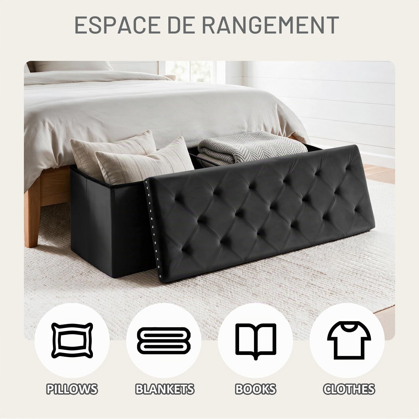 PINPLUS Banc de Rangement avec Coussin Velours, Banc Pliable avec Coffre de Stockage, Banquette Rangement pour Salon, Chambre et Couloir, 110x40x40 cm, Noir