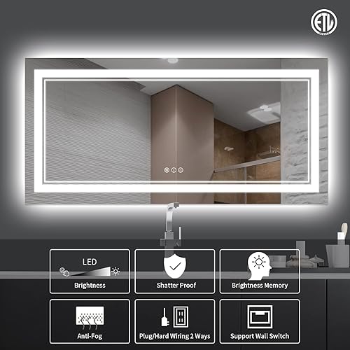 Miniatura 158 de Espejo de baño LED de 40 x 32 pulgadas, luz frontal y retroiluminada, antiniebla, regulable, espejo de tocador iluminado con memoria, espejo LED