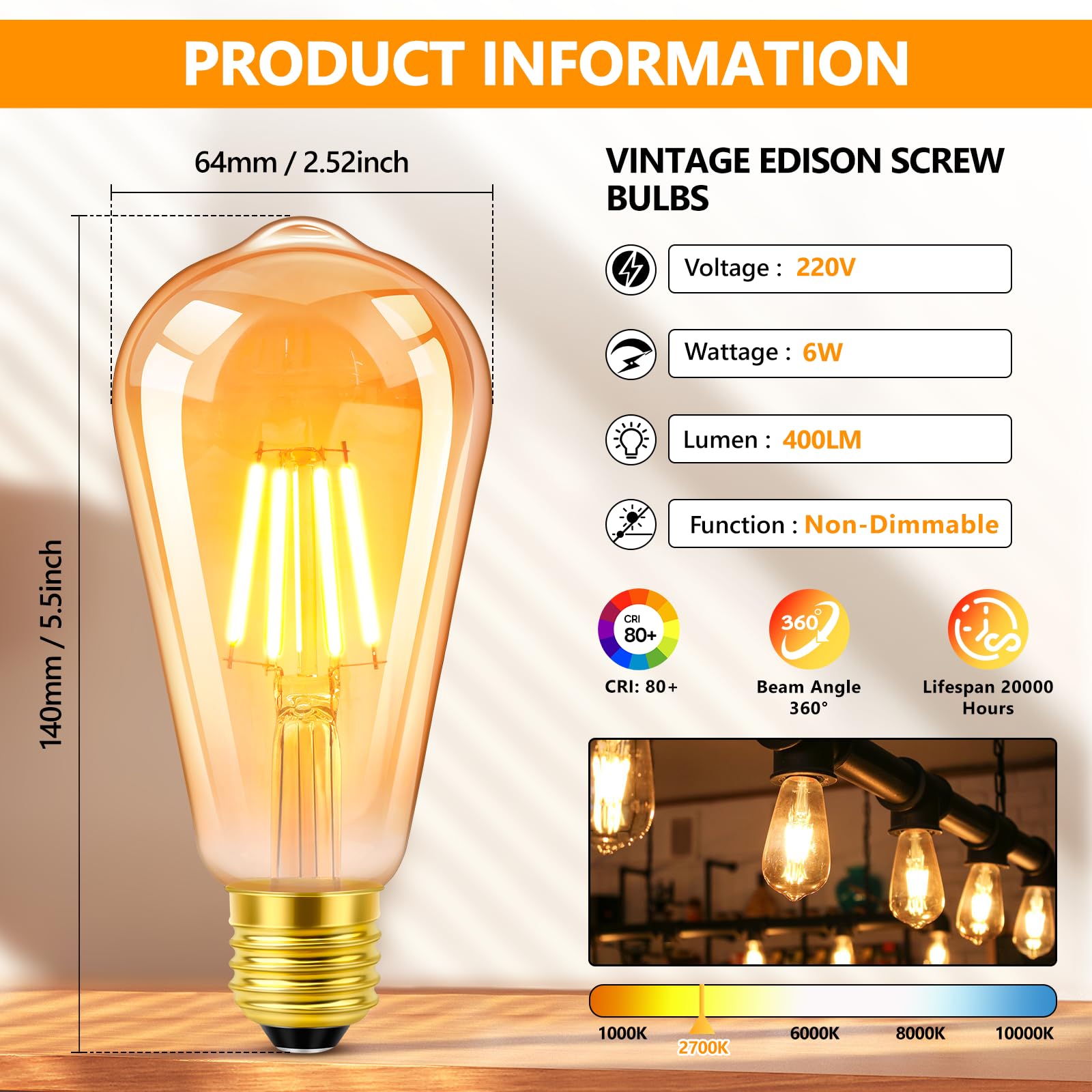 Morotty E27 Vintage Edison Screw Bulbs 6W,ST64 Led Filament Bulb Amber Glass Screw Lamp Decorative Light Bulb Warm White 2700K,60w Equivalent,400lm,Non-Dimmable,Pack of 2 - Image 2