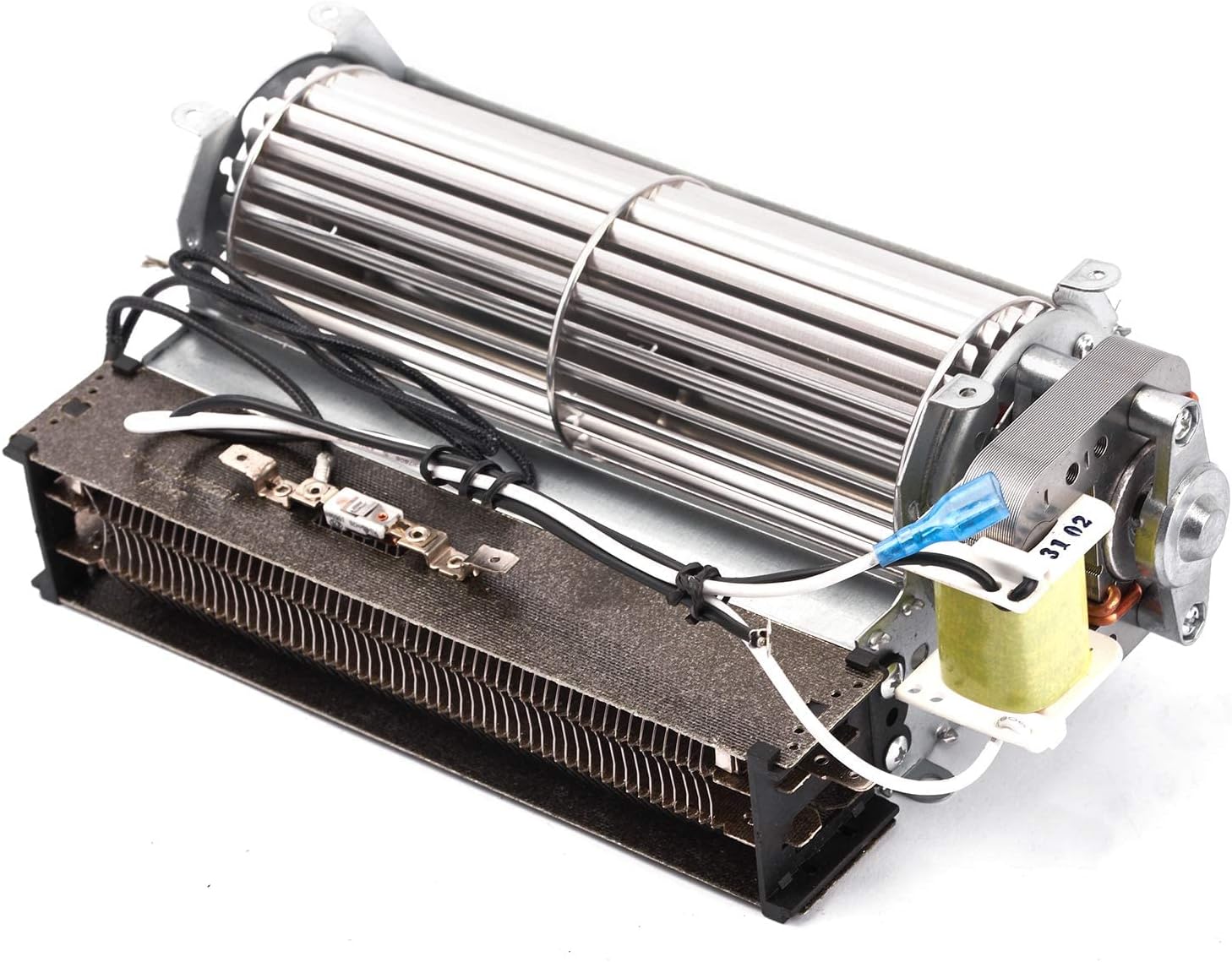 Angled view of the Criditpid fireplace blower and heating element