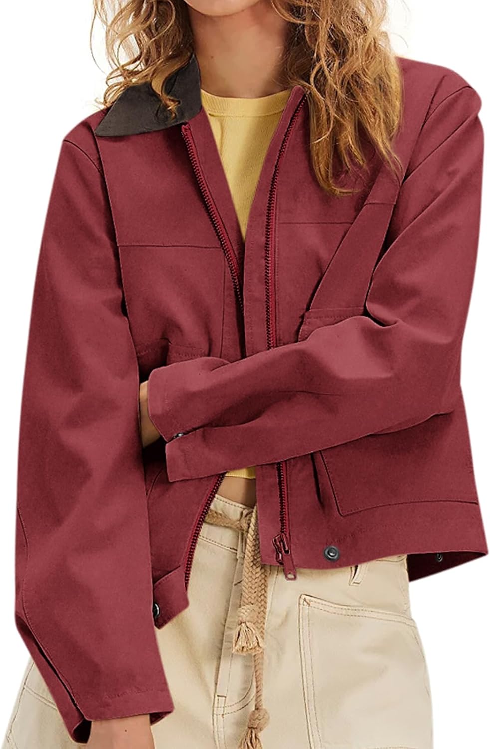 Women's Faux Suede Cropped Jacket Casual Zip Up Jackets Contrast Collar Fleece Winter Coats Outerwear with Pockets - Image 2